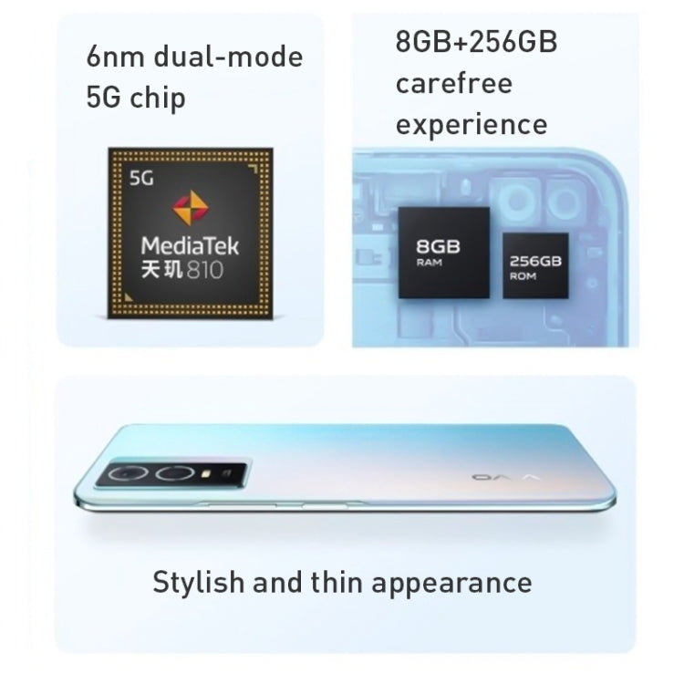 Doppia fotocamera posteriore, identificazione delle impronte digitali laterale, batteria da 4100 mAh, 6,58 pollici Android 11.0 OriginOS 1.0 Dimensity 810 Octa Core fino a 2,4 GHz, OTG, Rete: 5G, 8GB+256GB