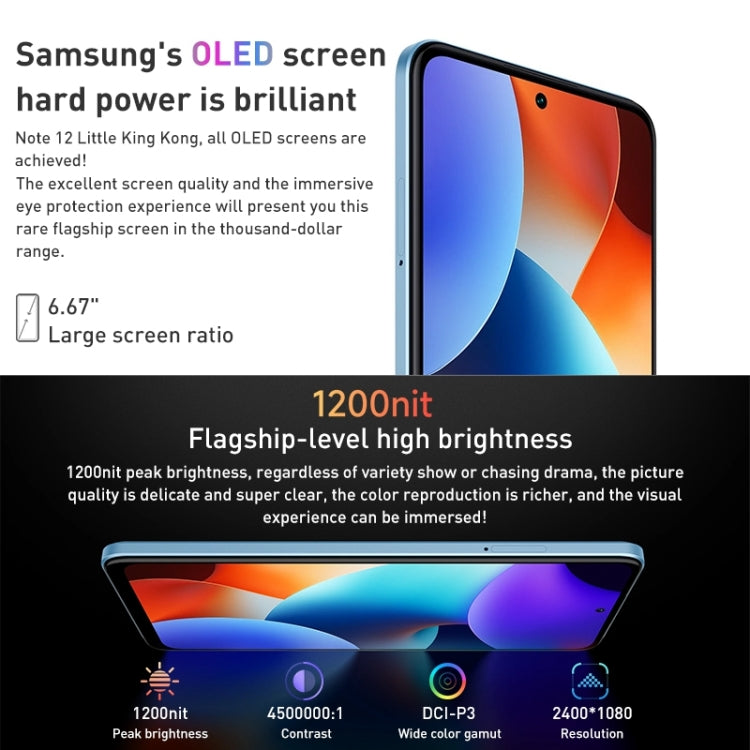 Doppia fotocamera posteriore, batteria da 5000 mAh, identificazione delle impronte digitali laterale, MIUI 13 Qualcomm Snapdragon 4 Gen1 Octa Core da 6,67 pollici fino a 2,0 GHz, Rete: 5G, doppia SIM, IR, non supporta Google Play, Note 12 5G,8GB+256GB
