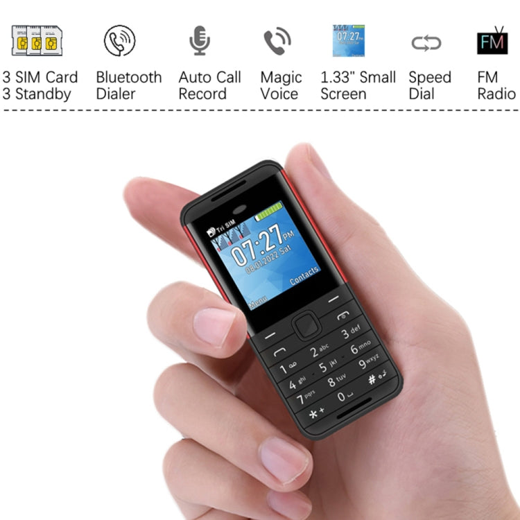 1,33 pollici, MTK6261D, 21 tasti, supporto Bluetooth, FM, suono magico, registrazione automatica delle chiamate, GSM, tripla SIM, Russian Key