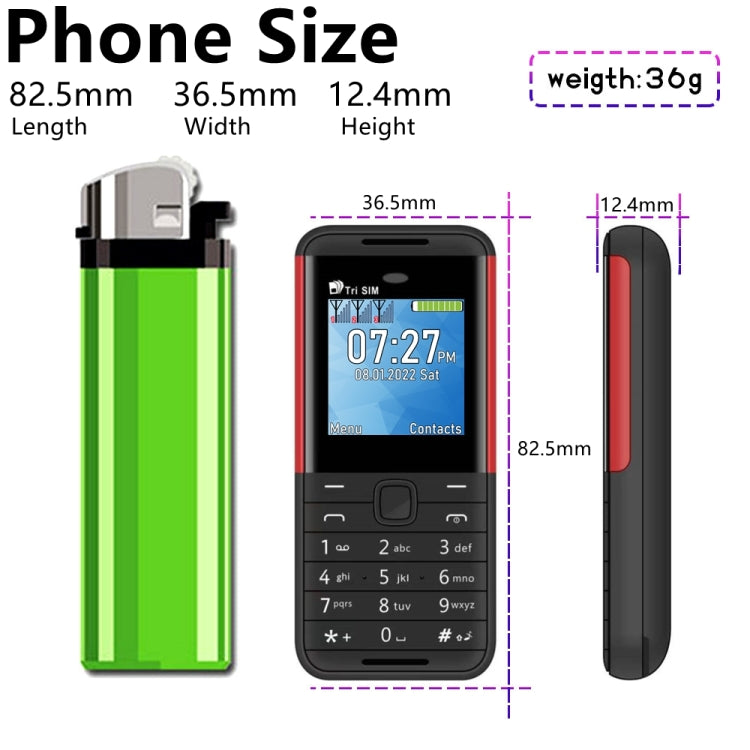1,33 pollici, MTK6261D, 21 tasti, supporto Bluetooth, FM, suono magico, registrazione automatica delle chiamate, GSM, tripla SIM, Russian Key