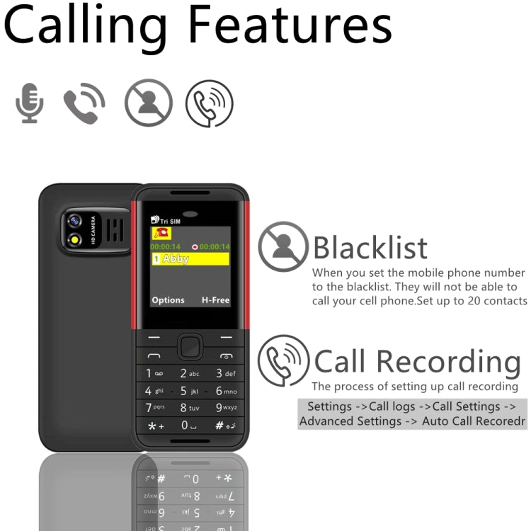 1,33 pollici, MTK6261D, 21 tasti, supporto Bluetooth, FM, suono magico, registrazione automatica delle chiamate, GSM, tripla SIM, Russian Key