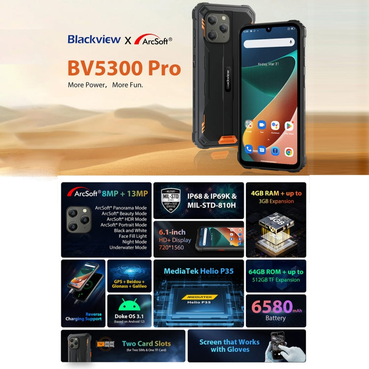 IP68/IP69K/MIL-STD-810H, Face Unlock, Batteria da 6580 mAh, 6,1 pollici Android 12 MTK6765 Helio P35 Octa Core fino a 2,3 GHz, Rete: 4G, OTG, NFC, Dual SIM, BV5300 Pro, 4GB+64GB