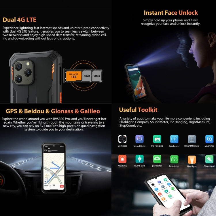 IP68/IP69K/MIL-STD-810H, Face Unlock, Batteria da 6580 mAh, 6,1 pollici Android 12 MTK6765 Helio P35 Octa Core fino a 2,3 GHz, Rete: 4G, OTG, NFC, Dual SIM, BV5300 Pro, 4GB+64GB