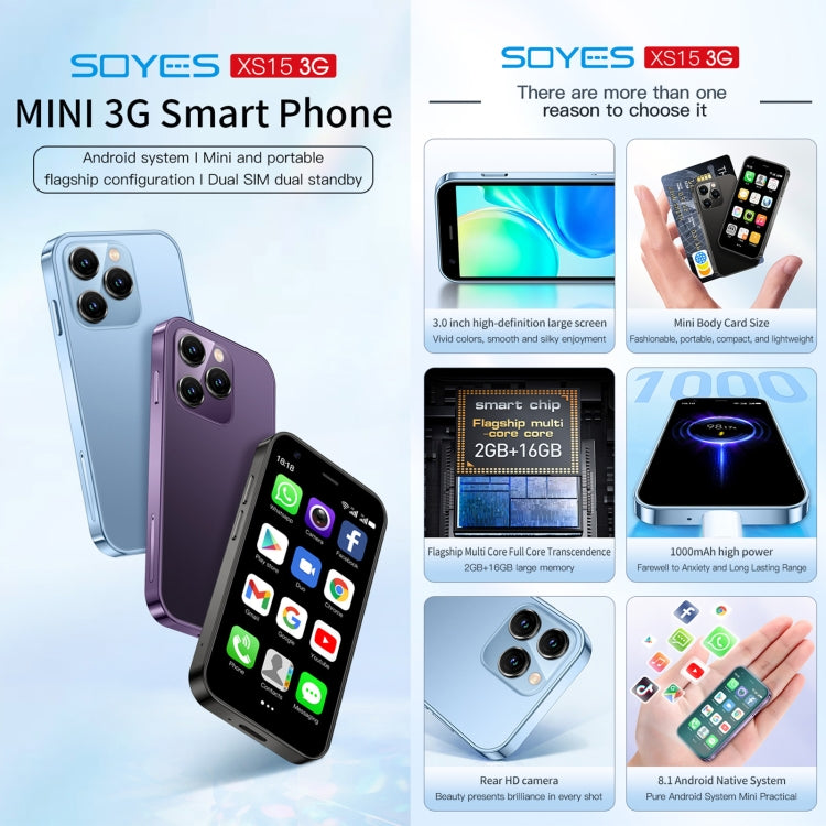 Android 8.1 MTK6580 Quad Core da 3,0 pollici fino a 1,3 GHz, Bluetooth, WiFi, GPS, Rete: 3G, doppia SIM, SOYES XS15
