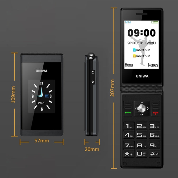 2,8 pollici + 1,77 pollici, MT6261D, supporto Bluetooth, FM, SOS, GSM, doppia SIM