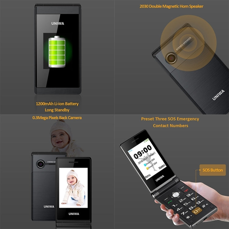 2,8 pollici + 1,77 pollici, MT6261D, supporto Bluetooth, FM, SOS, GSM, doppia SIM