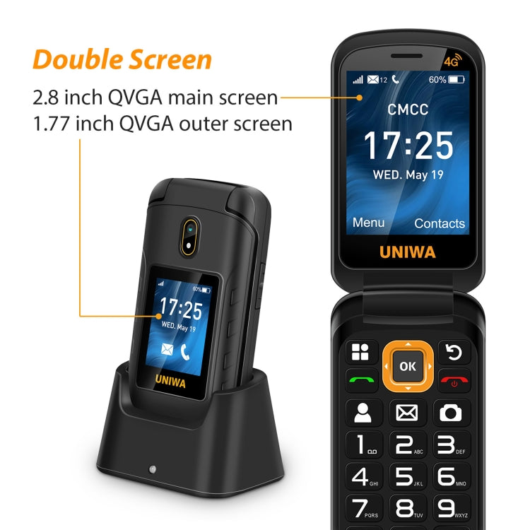 2,8 pollici + 1,77 pollici, UNISOC Tiger T107, supporto Bluetooth, FM, rete: 4G, SOS, con base dock di ricarica