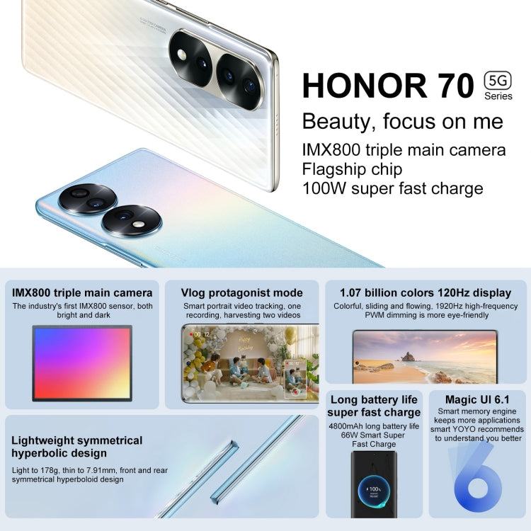 Tripla fotocamera posteriore, identificazione delle impronte digitali sullo schermo, Magic UI 6.1 da 6,67 pollici Qualcomm Snapdragon 778G Plus Octa Core fino a 2,5 GHz, Rete: 5G, OTG, NFC, Non supporta Google Play, Honor 70 5G 12GB+512GB, 12GB+512GB