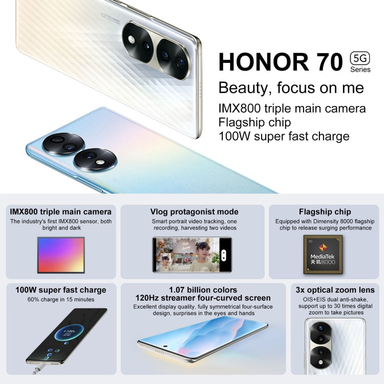 Tripla fotocamera posteriore, identificazione delle impronte digitali sullo schermo, Magic UI 6.1 Dimensity 8000 Octa Core da 6,78 pollici fino a 2,75 GHz, rete: 5G, OTG, NFC, non supporta Google Play, Honor 70 Pro 5G 8GB+256GB, Honor 70 Pro 8GB+256GB