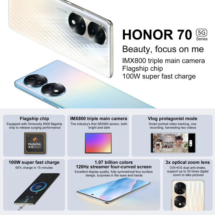 Tripla fotocamera posteriore, identificazione delle impronte digitali sullo schermo, Magic UI 6.1 Dimensity 9000 Octa Core da 6,78 pollici fino a 3,05 GHz, rete: 5G, OTG, NFC, non supporta Google Play, Honor 70 Pro+ 5G 12GB+256GB