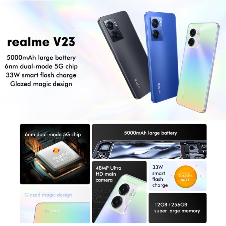 Doppia fotocamera posteriore, identificazione delle impronte digitali laterale, batteria da 5000 mAh, Realme UI 3.0 da 6,58 pollici / Android 12 MediaTek Dimensity 810 Octa Core fino a 2,4 GHz, Rete: 5G, Supporto Google Play, 8GB+256GB
