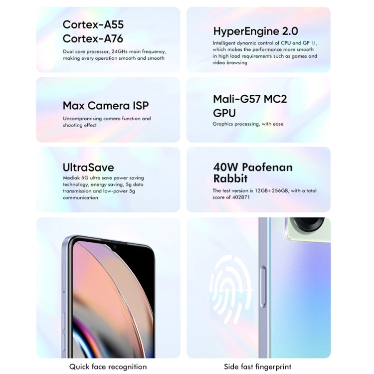 Doppia fotocamera posteriore, identificazione delle impronte digitali laterale, batteria da 5000 mAh, Realme UI 3.0 da 6,58 pollici / Android 12 MediaTek Dimensity 810 Octa Core fino a 2,4 GHz, Rete: 5G, Supporto Google Play, 8GB+256GB