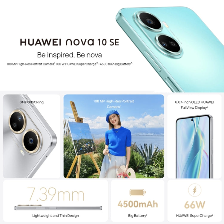 Tripla fotocamera posteriore + fotocamera frontale singola, identificazione delle impronte digitali laterali, HarmonyOS 2.0.1 Qualcomm Snapdragon 680 Octa Core da 6,67 pollici, rete: 4G, OTG, NFC, non supporta Google Play, nova 10 SE 256GB