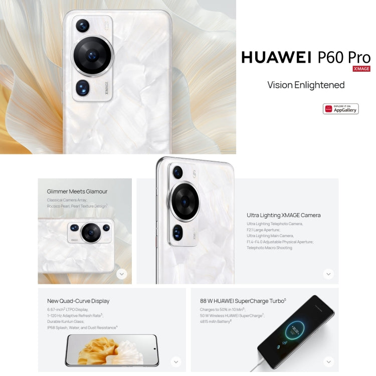 Tripla fotocamera posteriore, identificazione delle impronte digitali sullo schermo, HarmonyOS 3.1 Qualcomm Snapdragon 8+ 4G Octa Core fino a 3,2 GHz, rete: 4G, OTG, NFC, non supporta Google Play, P60 Pro, 512GB