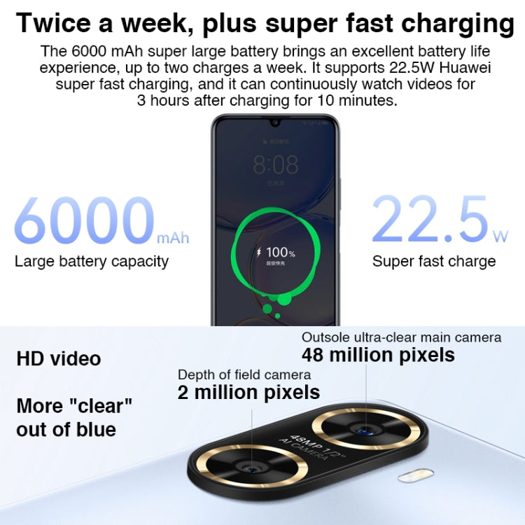 Doppia fotocamera posteriore, Face ID e identificazione delle impronte digitali laterali, batteria da 6000 mAh, HarmonyOS 3.0 Octa Core da 6,75 pollici, rete: 4G, OTG, non supporta Google Play, 256GB