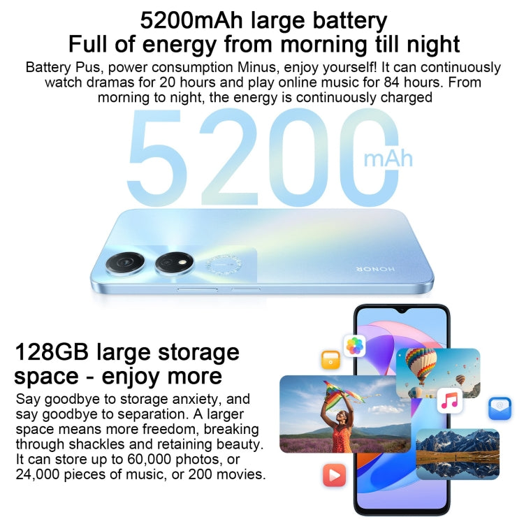 Face ID e identificazione dell'impronta digitale laterale, 5200 mAh, MagicOS 7.1 da 6,56 pollici / Android 13 Qualcomm Snapdragon 480 Plus Octa Core fino a 2,2 GHz, Rete: 5G, Non supporta Google Play, 8GB+128GB