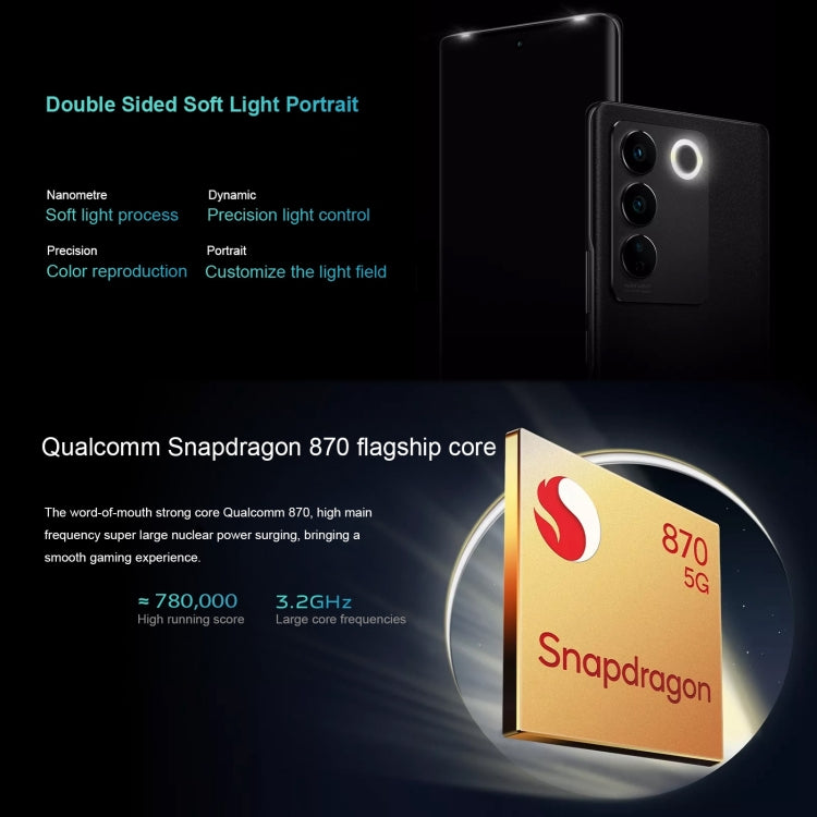 Tripla fotocamera posteriore, identificazione delle impronte digitali Srceen, batteria da 4600 mAh, Android 13 OriginOS 3 da 6,78 pollici Qualcomm Snapdragon 870 Octa Core fino a 3,2 GHz, OTG, NFC, rete: 5G, 12GB+512GB
