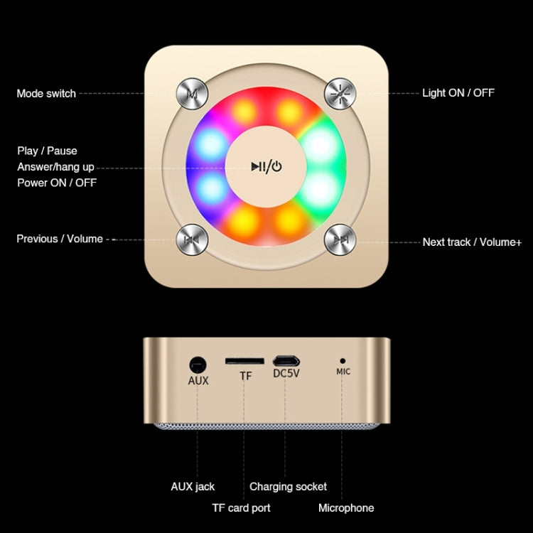 Altoparlante stereo Bluetooth portatile A9 con microfono e luce integrati, supporta chiamate in vivavoce, scheda TF e ingresso AUX, distanza Bluetooth: 10 m, with Light(Gold), with Light(Black), with Light(Rose Gold)