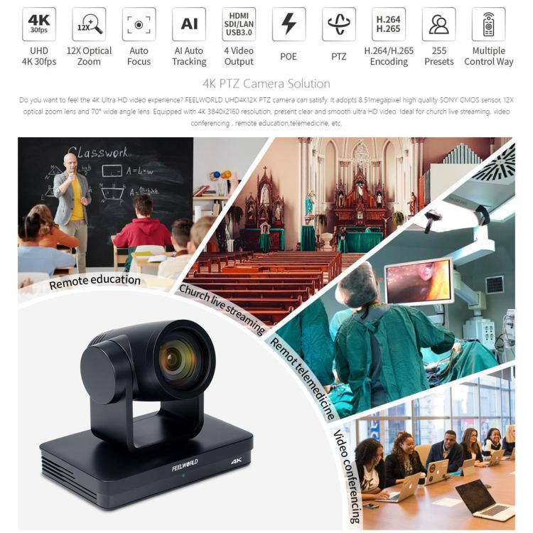 FEELWORLD UHD4K12X Telecamera PTZ 4K Zoom ottico 12X, messa a fuoco automatica SDI HDMI USB IP Controllo remoto, UHD4K12X