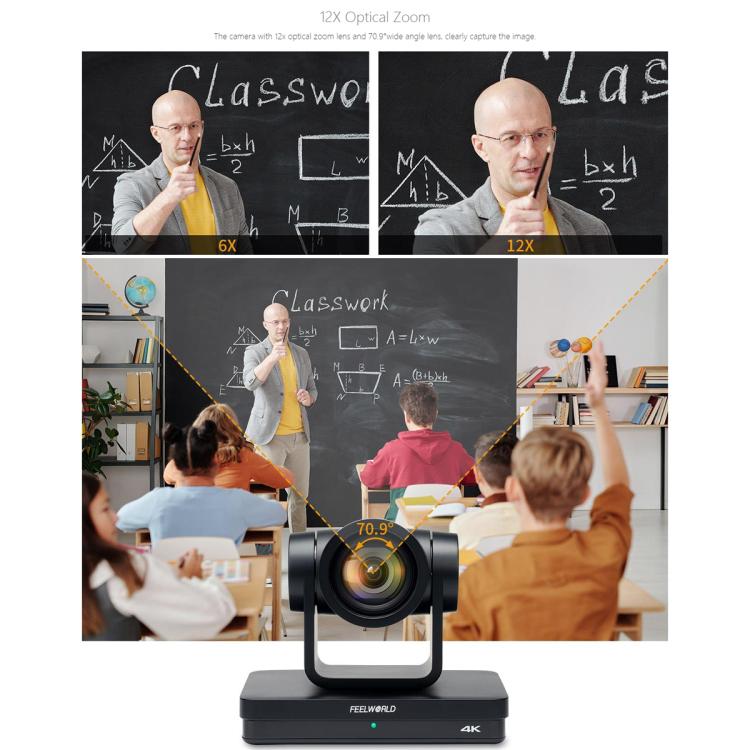 FEELWORLD UHD4K12X Telecamera PTZ 4K Zoom ottico 12X, messa a fuoco automatica SDI HDMI USB IP Controllo remoto, UHD4K12X