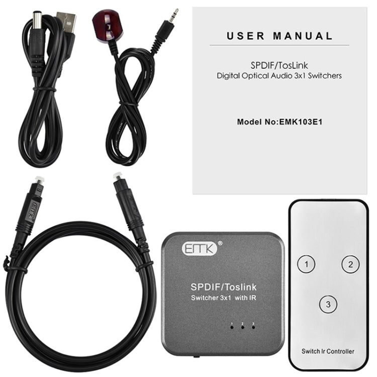 Switcher audio ottico digitale 3x1 EMK SPDIF/TosLink con controller IR