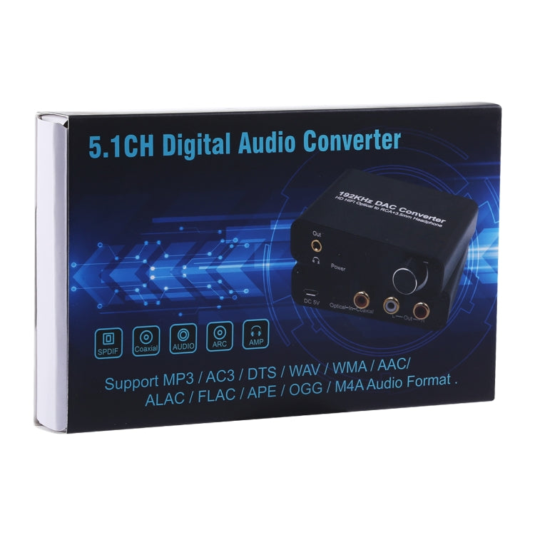 Convertitore DAC 192KHz HD HIFI ottico a RCA + cuffie da 3,5 mm Convertitore audio digitale a 5.1 canali con controllo del volume, 192KHz DAC