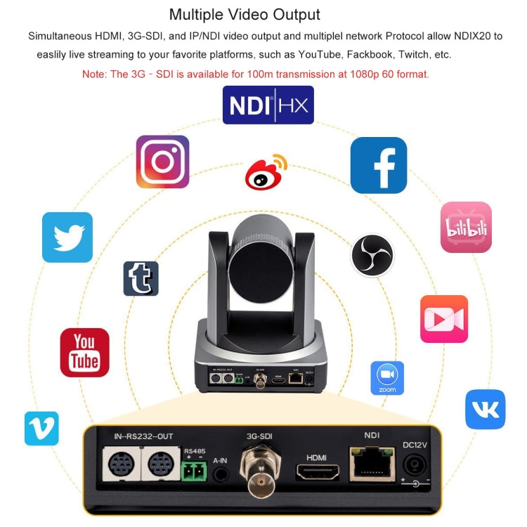 FEELWORLD NDI20X Zoom ottico 20X simultaneo Telecamera PTZ per streaming live, presa UE e USA, NDI20X