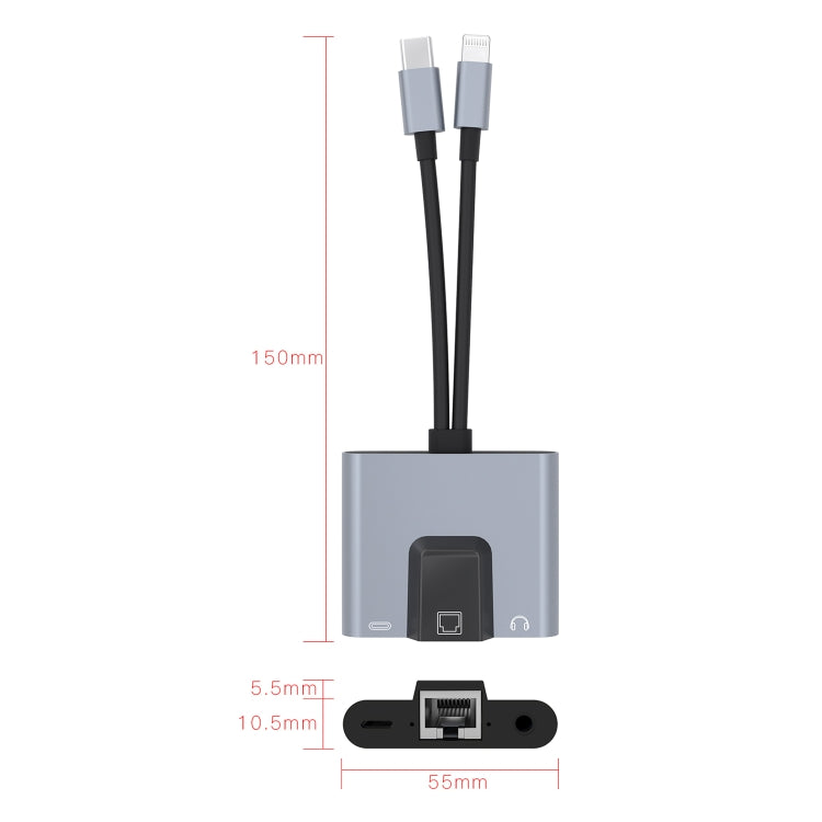 NK-1056Pro 3 in 1 8 pin + USB-C / Type-C maschio a 8 pin ricarica + Ethernet + adattatore femmina per auricolari da 3,5 mm, NK-1056Pro