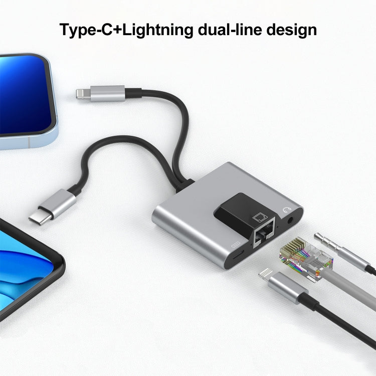 NK-1056Pro 3 in 1 8 pin + USB-C / Type-C maschio a 8 pin ricarica + Ethernet + adattatore femmina per auricolari da 3,5 mm, NK-1056Pro