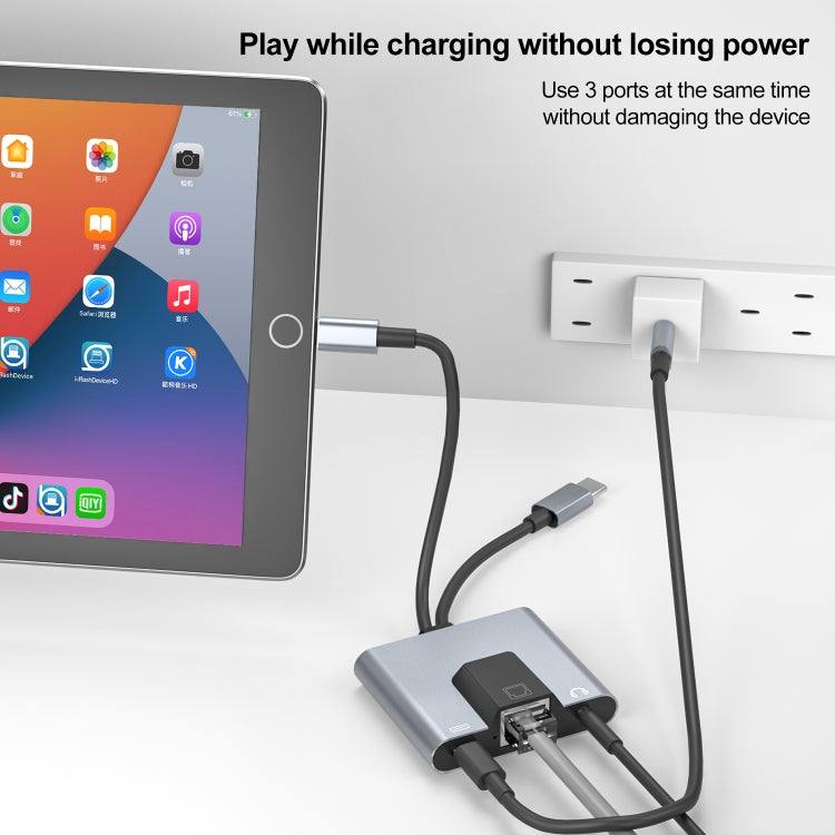 NK-1056Pro 3 in 1 8 pin + USB-C / Type-C maschio a 8 pin ricarica + Ethernet + adattatore femmina per auricolari da 3,5 mm, NK-1056Pro