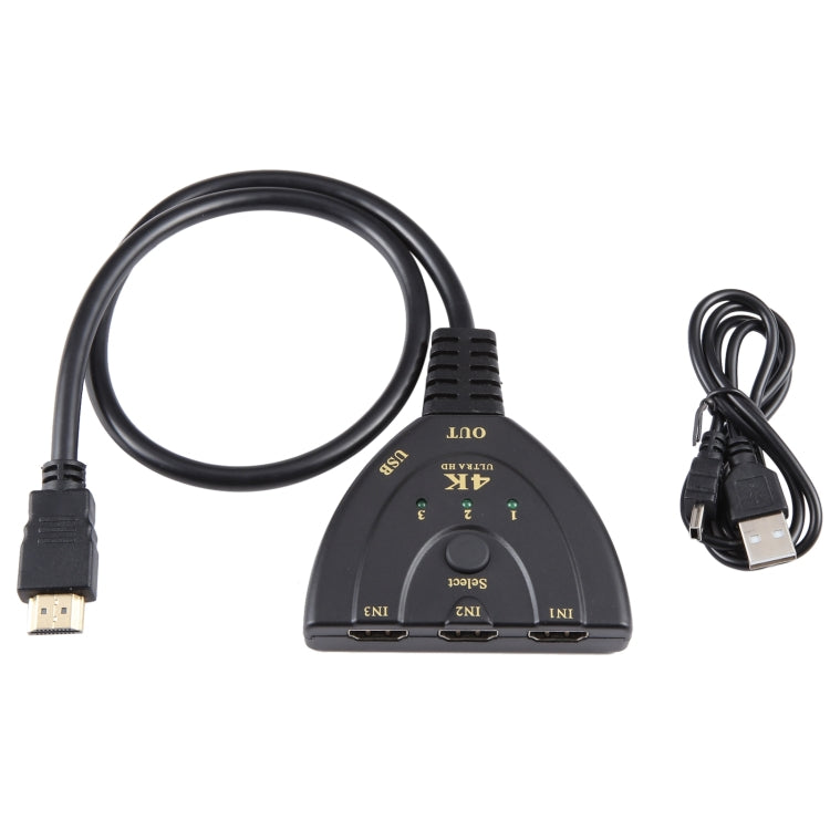 Switcher HDMI 3 x 1 4K 30Hz con cavo HDMI Pigtail, supporto alimentazione esterna, External Power Supply