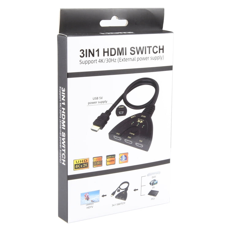 Switcher HDMI 3 x 1 4K 30Hz con cavo HDMI Pigtail, supporto alimentazione esterna, External Power Supply