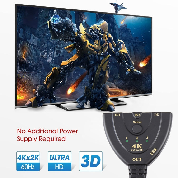 Switcher HDMI 3 x 1 4K 30Hz con cavo HDMI Pigtail, supporto alimentazione esterna, External Power Supply