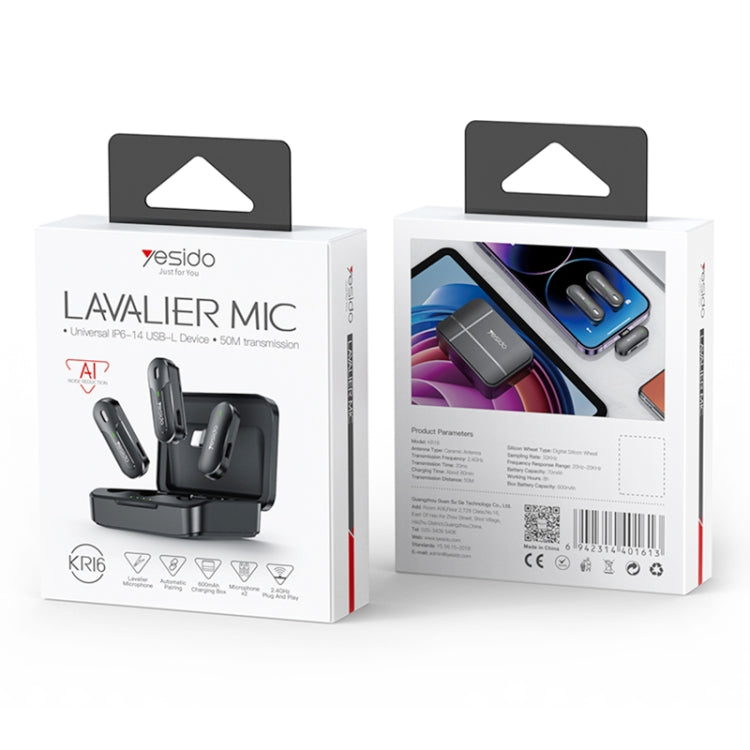 YESIDO KR16 Ricevitore per microfono lavalier wireless 2 in 1 a 8 pin con scatola di ricarica, KR16