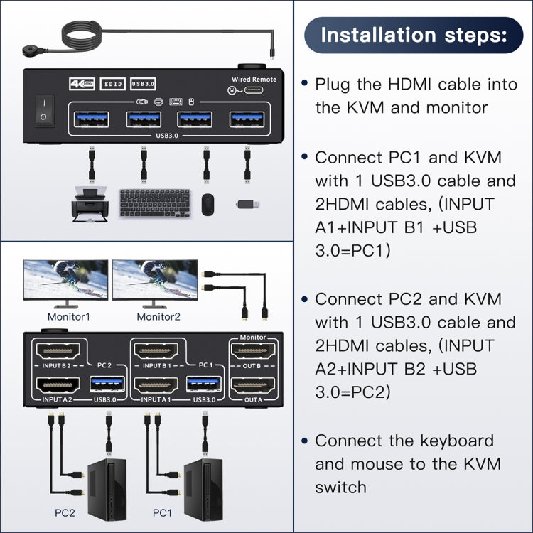 KC-KVM202AS Switcher KVM a doppio display USB 3.0 USB 3.0 4K 60HZ Supporto per schermata di blocco analogico EDID, KC-KVM202AS