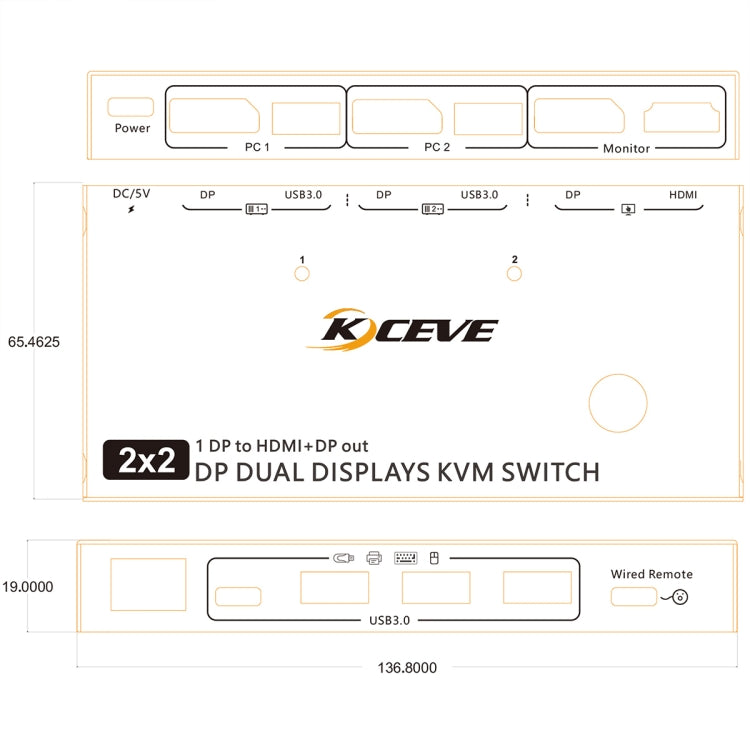 KC-KVM212DH Switcher KVM a doppio display USB 3.0 DP 4K 60 HZ con replica dell'estensione a doppio schermo MST, KC-KVM212DH