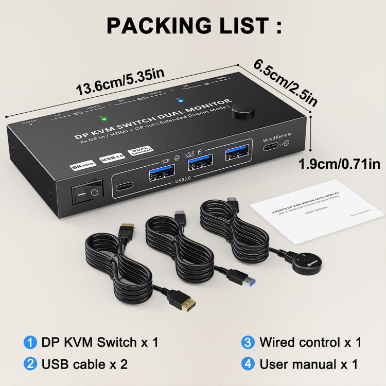 KC-KVM212DH Switcher KVM a doppio display USB 3.0 DP 4K 60 HZ con replica dell'estensione a doppio schermo MST, KC-KVM212DH