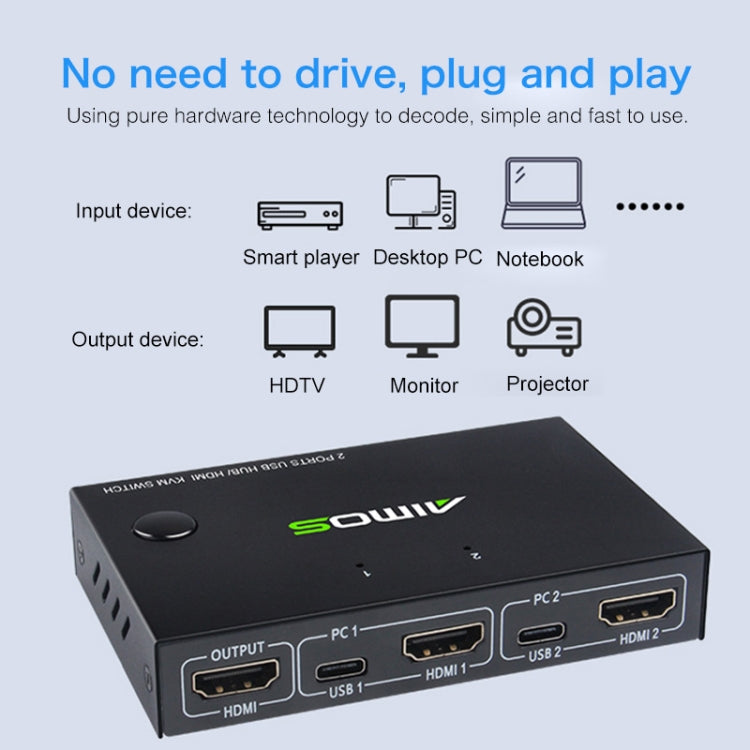 AIMOS AM-KVM201CC Switch KVM HDMI HUB USB a 2 porte senza cavo di prolunga