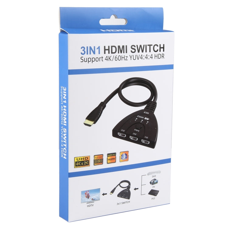 Switcher HDMI 3 x 1 4K 60Hz con cavo HDMI Pigtail, YUV4:4:4 HDR