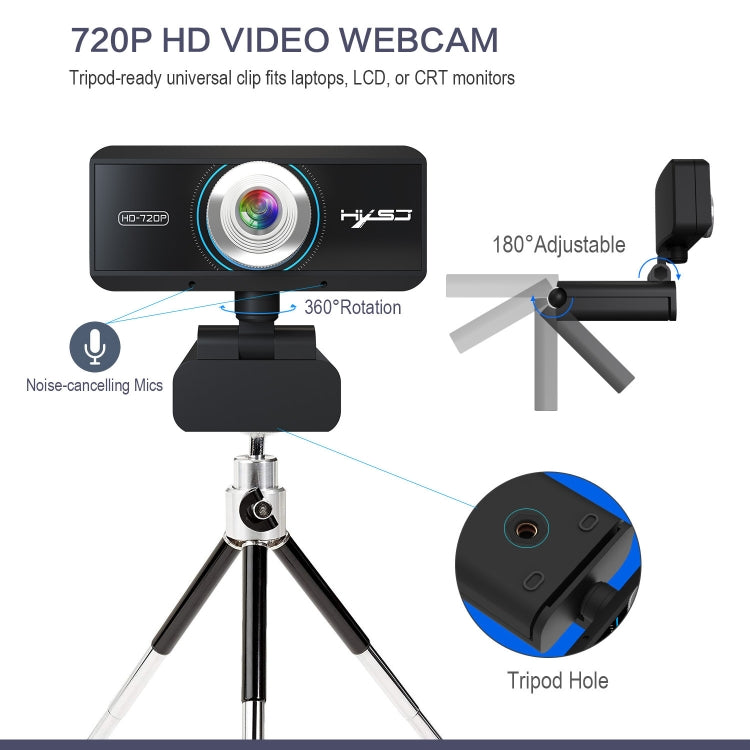 HXSJ S90 Webcam HD 30fps 1 Megapixel 720P per desktop/laptop/Android TV, con microfono fonoassorbente da 8 m, lunghezza cavo: 1,5 m, S90