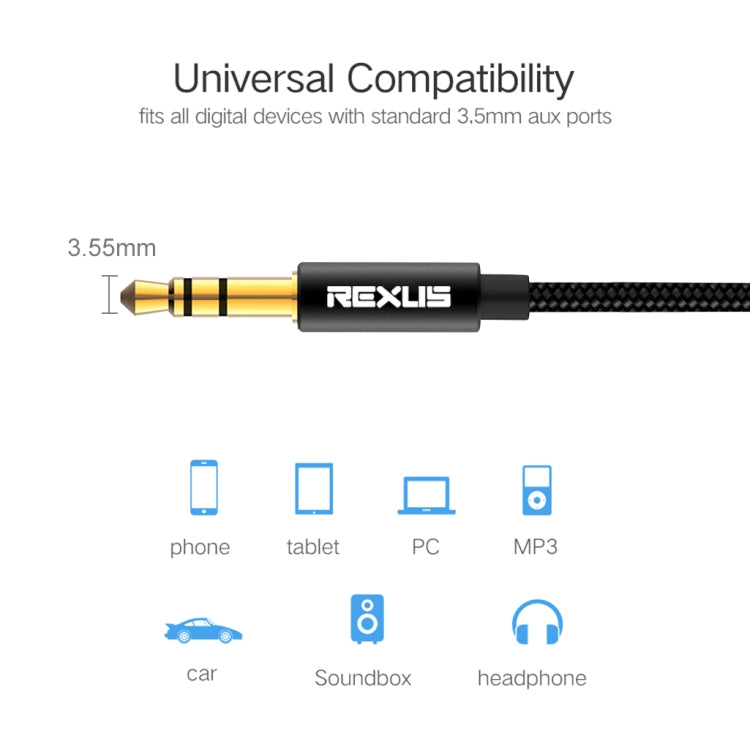 REXLIS 3629 Cavo audio jack AUX per autoradio da 3,5 mm maschio a maschio placcato oro per dispositivi digitali standard AUX da 3,5 mm, lunghezza: 1 m, Length: 1m
