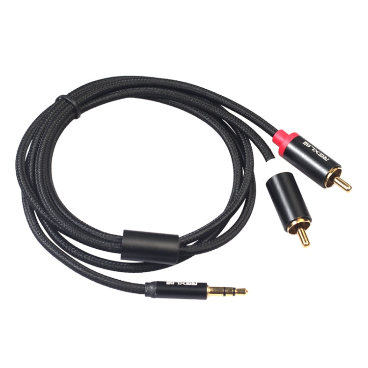 REXLIS 3635 Cavo audio intrecciato in cotone nero con spina placcata oro da maschio a doppio RCA da 3,5 mm per altoparlante attivo con interfaccia di ingresso RCA, lunghezza: 1,8 m, Length: 1.8m