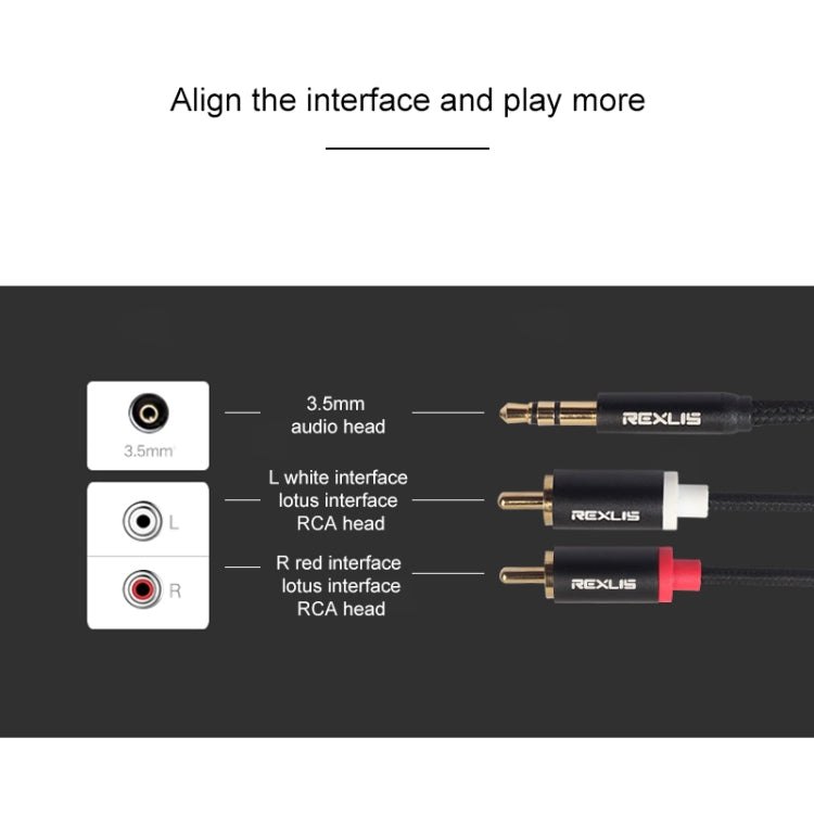 REXLIS 3635 Cavo audio intrecciato in cotone nero con spina placcata oro da maschio a doppio RCA da 3,5 mm per altoparlante attivo con interfaccia di ingresso RCA, lunghezza: 10 m, Length: 10m