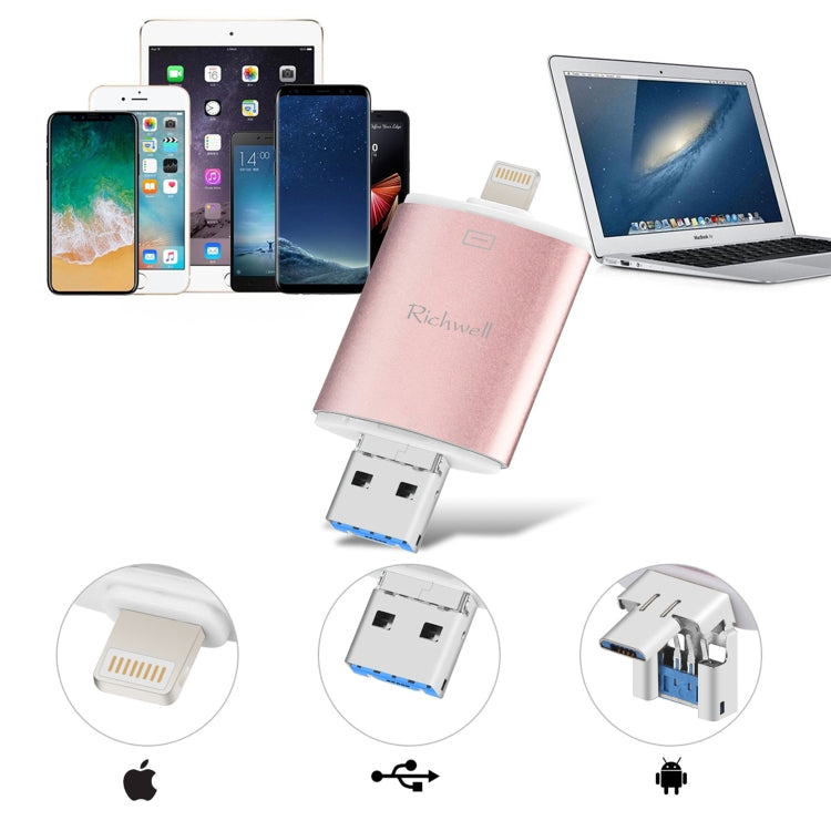 Richwell 3 in 1 128G Type-C + 8 Pin + USB 3.0 Disco flash push-pull con doppia copertura in metallo con funzione OTG