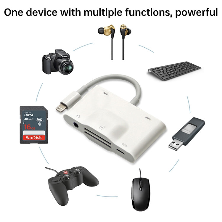 NK-1042 6 in 1 8 pin maschio a doppia USB + doppia scheda SD + interfaccia audio da 3,5 mm + interfaccia di ricarica a 8 pin adattatore per fotocamera con porta femmina