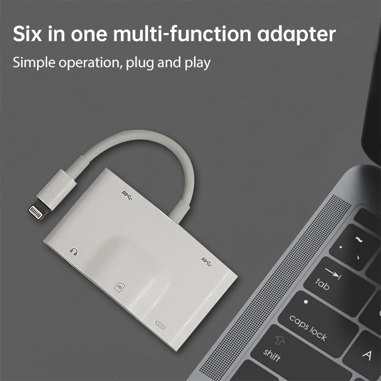 NK-1042 6 in 1 8 pin maschio a doppia USB + doppia scheda SD + interfaccia audio da 3,5 mm + interfaccia di ricarica a 8 pin adattatore per fotocamera con porta femmina