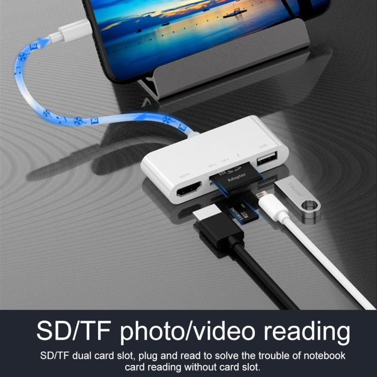 75215 5 in 1 da 8 pin a HDMI + slot per scheda SD + slot per scheda TF + USB + porta di ricarica a 8 pin Convertitore video HD, 75215