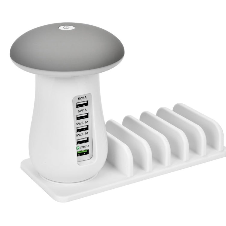XLD888 5 porte (2 x 5 V/1 A + 2 x 5 V/2,1 A + 1 x QC3.0) Caricatore USB Caricatore per lampada da scrivania con luce a fungo con supporto per telefono, XLD888 EU, XLD888 UK, XLD888 US