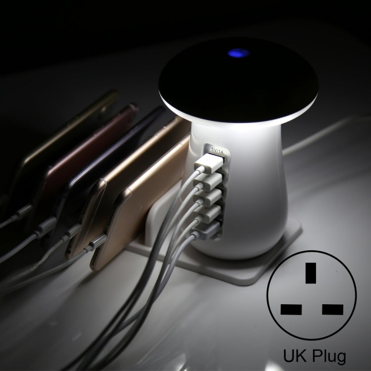 XLD888 5 porte (2 x 5 V/1 A + 2 x 5 V/2,1 A + 1 x QC3.0) Caricatore USB Caricatore per lampada da scrivania con luce a fungo con supporto per telefono, XLD888 EU, XLD888 UK, XLD888 US