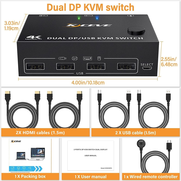 Switch KVM DP 3DP+3DP KC-KVM202DPA-USB2.0, KC-KVM202DPA